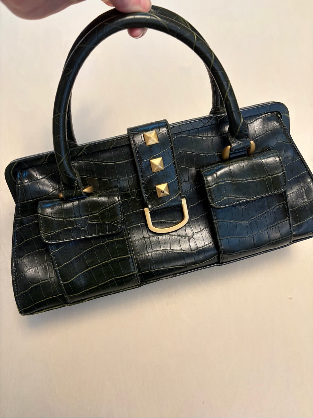 New York & Company Faux Crocodile Top-Handle Bag in Dark Green w/ Gold Hardware
